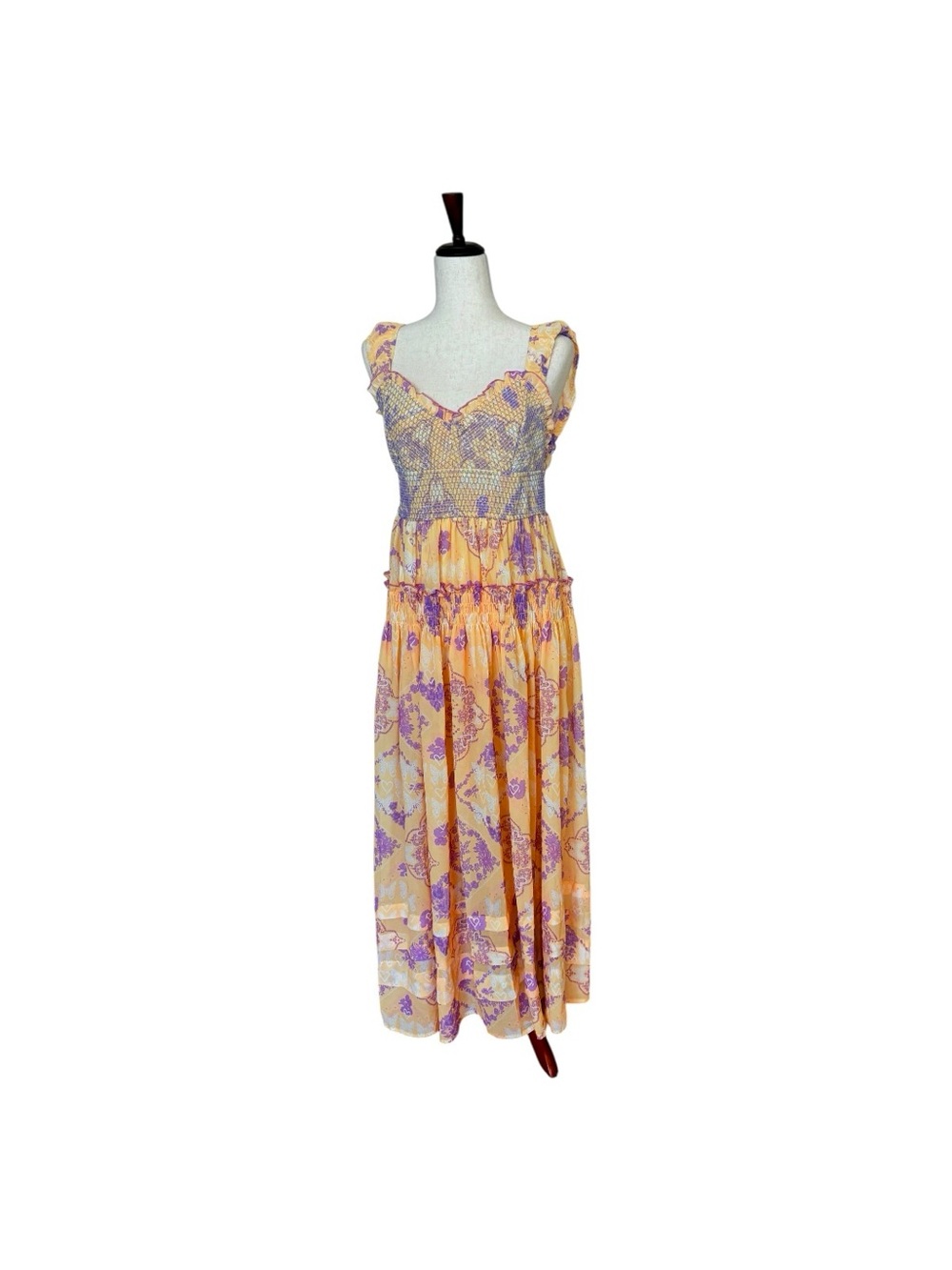 Sundress peach lavender floral print smocked ruffled strap maxi dress M